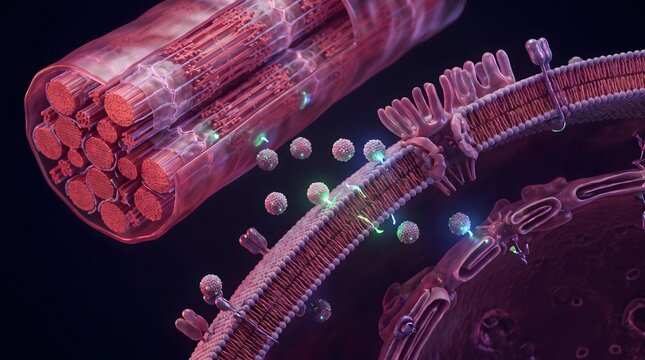 Cellular Communication: Microscopic view of neurotransmitters releasing from one cell, traveling across the synaptic cleft, and binding to receptors on another cell.