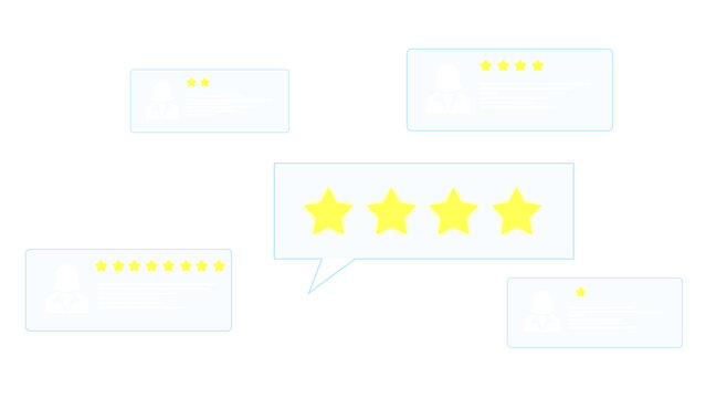 Customer reviews and star ratings illustration, Light blue customer review speech bubbles with user profile icons and yellow star ratings on a transparent background.