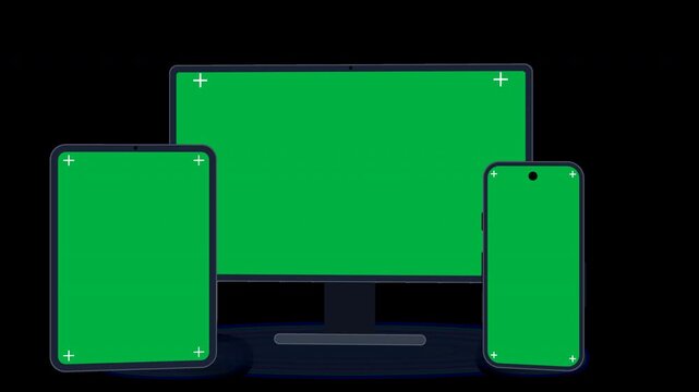 Responsive design mockup with desktop monitor, tablet and smartphone green screen displays, chroma key device showcase on transparent background