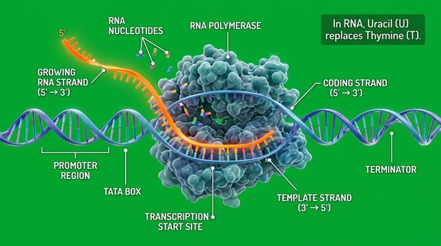 Scientific diagram of rna polymerase transcribing dna into messenger