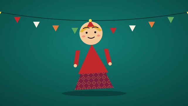 Ondel-ondel giant puppet from Jakarta dancing slowly under festival flags, Betawi culture animation