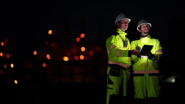 Two male engineers in white hard hats study a glowing tablet at night, then one points out a petrochemical plant section to his bearded colleague, orange bokeh lights behind