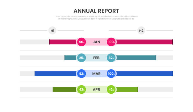 annual report infographic template with h1 h2 half year comparison mirrored horizontal progress bar monthly percentage layout, flat style