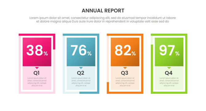 annual report infographic template with four point quarterly q1 q2 q3 q4 percentage frame card layout, gradient style
