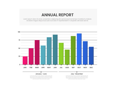 annual report infographic template with twelve month bar column chart january to june july to december half year layout, flat style