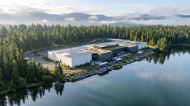 Modern green energy data center complex with solar panels situated on a calm lake shore surrounded by pine forest