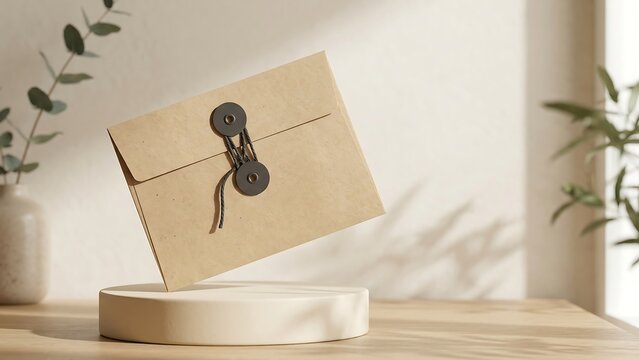 Minimalist Kraft Paper String and Washer Envelope Floating Above Beige Podium on Wooden Table with Eucalyptus Plant Shadows, Elegant Stationery Mockup for Corporate Branding and Business