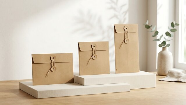 Minimalist set of three brown kraft paper envelopes with string and washer closure in various sizes on white podiums with soft leaf shadows and eucalyptus leaves in a bright interior.