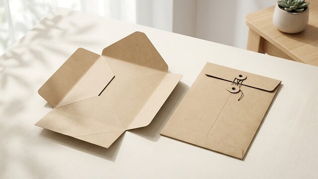 Two Kraft Paper Envelopes and Folder Mockup on White Table with Minimalist Decor and String Tie Closure for Corporate Identity, Professional Branding, and Eco-Friendly Stationery Presentation