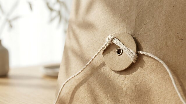 Close-up of a brown craft paper envelope with a traditional string and washer tie closure on a wooden desk, featuring soft natural light and leaf shadows for a minimalist stationery concept