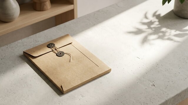 Minimalist Brown Craft Paper Envelope with String and Washer Closure on a Textured Stone Table Top Featuring Soft Leaf Shadows and Bright Natural Sunlight for Professional Stationery Mockup
