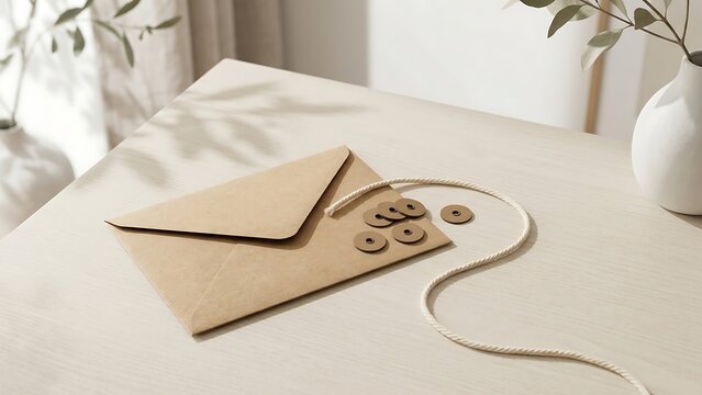 Minimalist Brown Kraft Envelope with Natural String and Cardboard Disc Tags on a Light Wooden Table in a Bright Airy Studio, Sustainable Packaging and Stationery Concept for Eco-friendly Business.