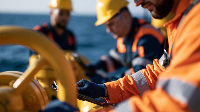 Faceless engineers in safety gear working on an offshore oil rig with the ocean in the background, ensuring equipment functionality and safety compliance, with copy space
