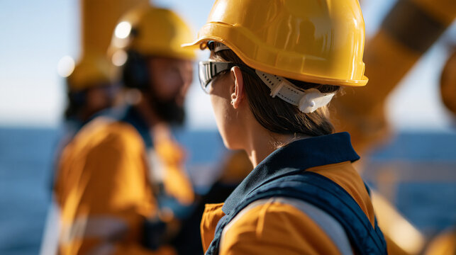 Faceless engineers in safety gear working on an offshore oil rig with the ocean in the background, ensuring equipment functionality and safety compliance, with copy space