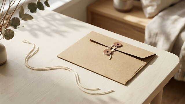 Elegant Brown Kraft String and Button Envelope Lying on a Minimalist Light Wood Desk with Soft Sunlight Shadows and Dried Eucalyptus Leaves, Concept of Stationery and Creative Correspondence