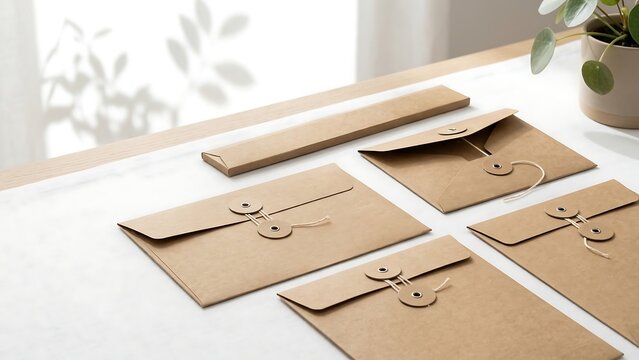 Set of Premium Brown Kraft Paper Envelopes with String and Button Closures and Mailing Box on a White Minimalist Desk with Natural Leaf Shadows and Potted Plant for Branding Mockup Identity