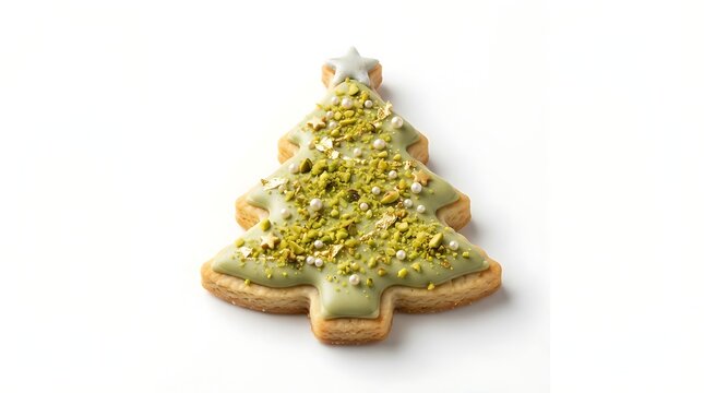 Christmas tree shaped sugar cookie with pistachio icing isolated on white background