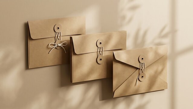 Set of three vintage-style kraft paper envelopes with string and button tie closure hanging on a minimalist beige wall decorated with soft botanical leaf shadows for elegant document storage.