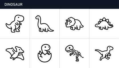 Dinosaur line icons set with T-Rex, Brontosaurus, Triceratops and Pterodactyl for prehistoric themes © Fahim
