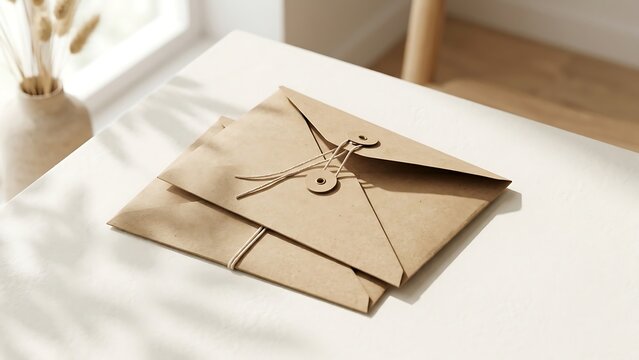 Minimalist kraft paper envelopes mockup with string and washer tie closures on a white table with soft sunlight and leaf shadows, aesthetic stationery for branding and professional delivery.