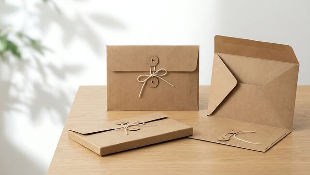 Set of Brown Kraft Paper Envelopes with String and Washer Tie Closure on Wooden Table, Eco-Friendly Sustainable Packaging and Office Stationery for Business Documents and Correspondence Mockup