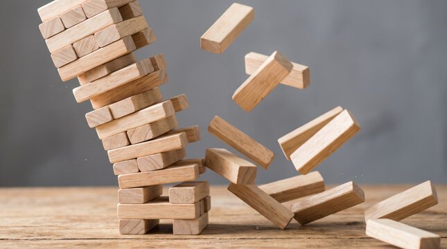 Wooden block tower collapsing on a wooden surface