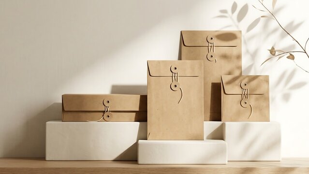 Elegant minimalist mockup of brown kraft paper string and button envelopes on white podiums with natural leaf shadows on a wall, eco-friendly branding stationery presentation on wooden surface.