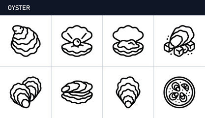 Oyster icons set with bivalve mollusks, pearls and seafood dish, line art © Md