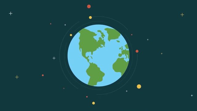 Rotating planet earth graphic with continents and oceans floating in deep dark space surrounded by colorful stars