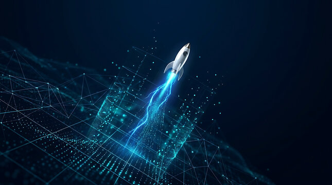 A futuristic silver rocket ship launching upward through a digital network of glowing blue data nodes and abstract lines