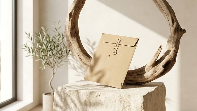 Minimalist aesthetic mockup of a brown string and washer envelope leaning on a curved driftwood branch and stone pedestal in a bright room with plant shadows and olive tree background