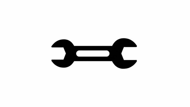 Black wrench icon rotating smoothly against clean white background in simple vector graphic design loop
