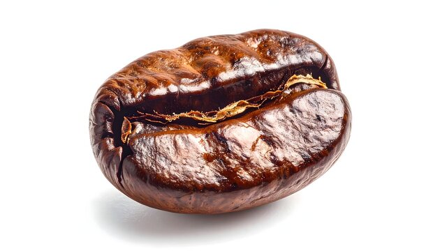 Grano de caf&eacute; tostado con textura brillante aislado sobre fondo blanco