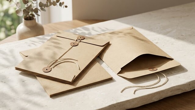 Minimalist Brown Kraft Paper String and Washer Envelopes on Stone Surface with Natural Sunlight and Leaf Shadows for Corporate Branding and Sustainable Document Delivery Mockup Background