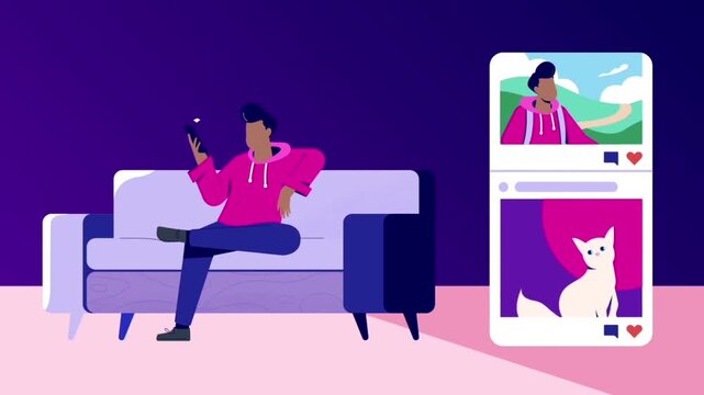 Man sitting on white sofa browsing social media smartphone applications inside vibrant graphic room background