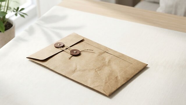 Minimalist Brown Kraft Paper Envelope with Vintage String and Button Tie Closure on White Linen Tablecloth Background for Professional Document Delivery, Invitation, or Stationery Mockup