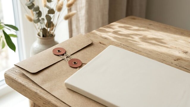 Minimalist brown craft paper string and washer envelope with white folder on a rustic wooden desk in a bright office environment, perfect for professional document storage and creative branding.