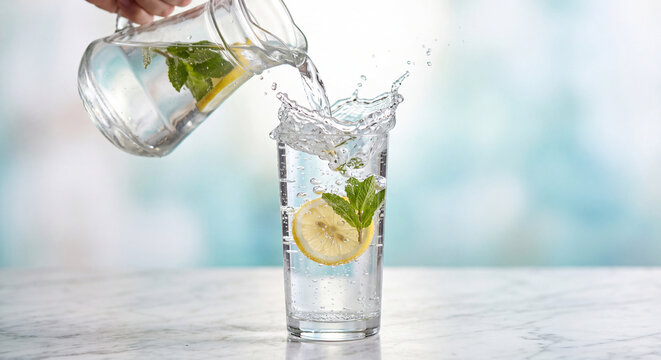 Glass pitcher pouring lemon and mint infused water into a glass with a splash against a soft bokeh background. Hydration, detox water, healthy drink and refreshing summer lifestyle concept.