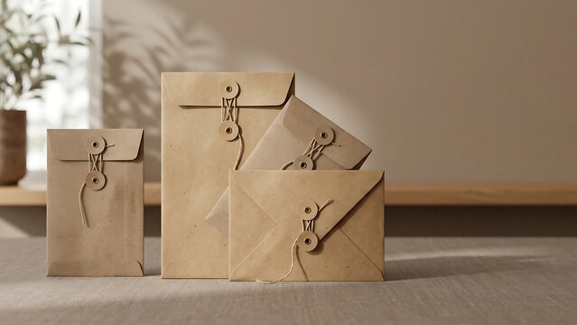 Set of various sized brown kraft paper envelopes with string and washer closure on a minimalist table with soft natural light and shadows, ideal for eco-friendly branding and mailing mockups.