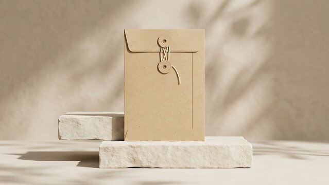 Minimalist Brown Kraft Paper String and Button Tie Envelope Mockup Standing on Natural Stone Podium with Aesthetic Leaf Shadows on Beige Textured Wall for Branding and Stationery Template.