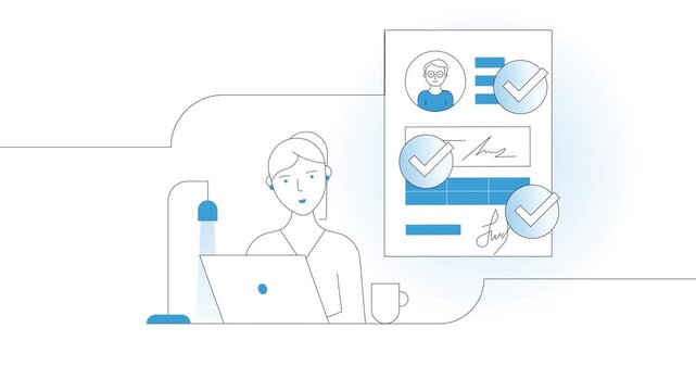 Woman reviewing resumes and documents on computer with checkmarks indicating successful recruitment process decisions