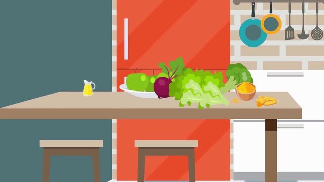 Fresh vegetables and healthy food appearing magically on kitchen table counter inside modern interior room