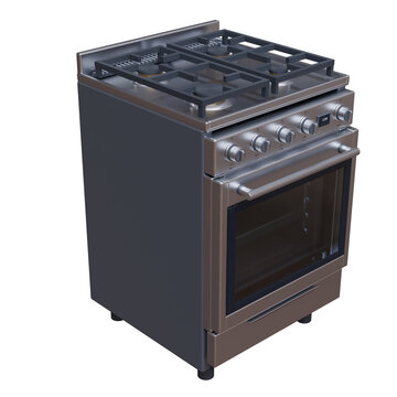 A stainless steel gas cooker with four burners, control knobs and glass oven door isolated on white transparent