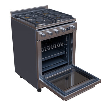 A stainless steel gas cooker with four burners, control knobs and an open glass oven door isolated on white transparent