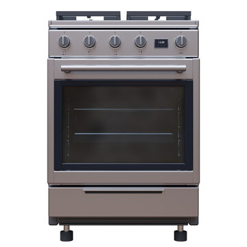 A gas cooker with control knobs and a glass oven door front view, isolated on white transparent