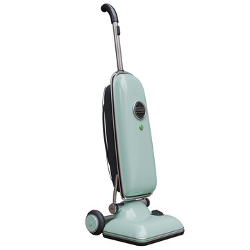 A retro upright vacuum cleaner, mint green color with chrome trim, home appliance isolated on white transparent