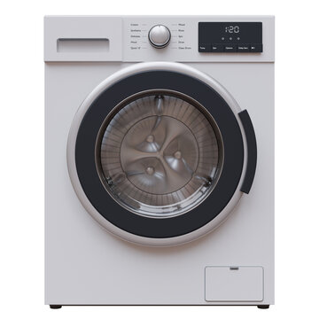 A front-loading washing machine with a glass door, steel drum and digital control panel isolated on white, transparent