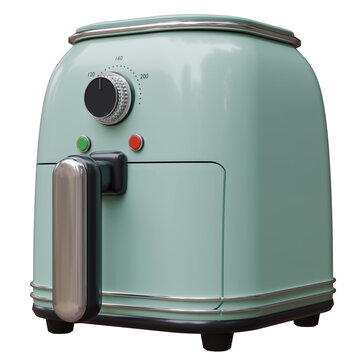 A mint green air fryer with chrome trim, retro kitchen appliance isolated on white transparent
