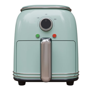Air fryer, mint green home appliance with a chrome handle, isolated on white transparent