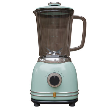 A retro mint green blender with a glass jug, matching lid, steel blades and a chrome speed dial isolated on white, transparent